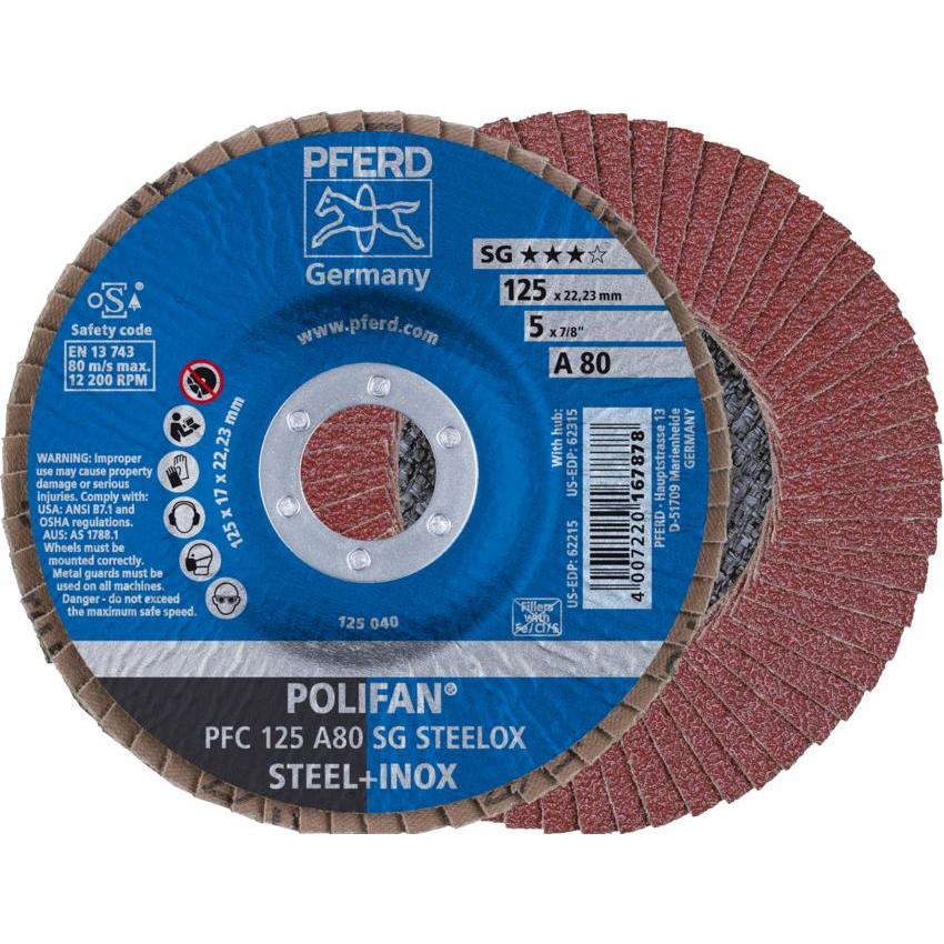 Pferd, Schleifmittel, Fächerscheibe POLIFAN A SG STEELOX Ø 125 mm Körnung A-80 konisch INOX Normalkorund (80)