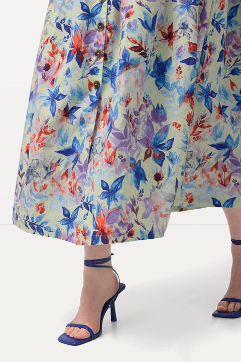 Image du produit Ulla Popken Robe midi en lin mélangé. Motif feuilles, décolleté rond et manches courtes bouffantes (60)