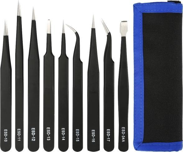 Deltacoimp Deltaco Tweezer Kit for Electronics/ESD, 9 Parts - Black