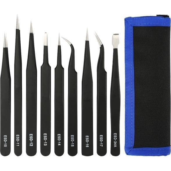 Deltacoimp, Pinzette, Kit di pinzette Deltaco per elettronica/ESD, 9 parti - Nero