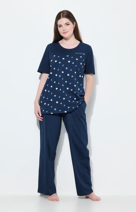 Image du produit Ulla Popken Pyjama 2 pièces, pantalon + haut à fleurs avec broderie, décolleté rond et manches courtes (42, 44)