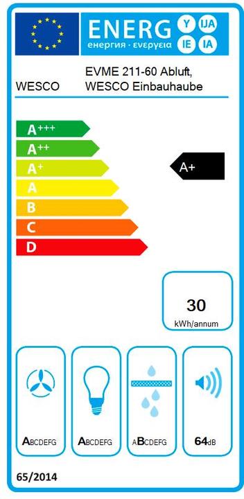 Label énergétique Wesco Hotte encastrable EVME 211-60 évacuation (4011739-000)