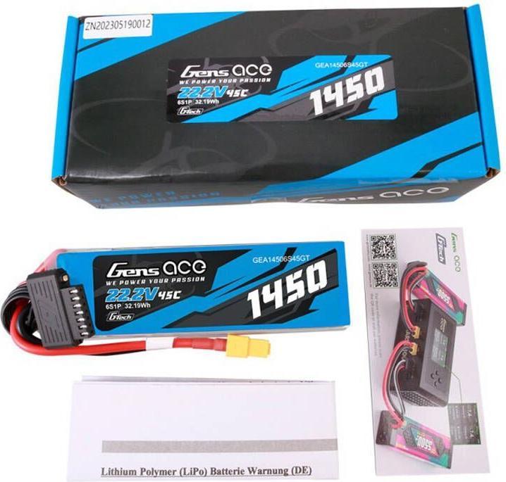 Actual product image Gens Ace G-Tech 1450mAh 22.2V 45C 6S1P Lipo Battery Pack with XT60 Plug (22.20 V, 1450 mAh)