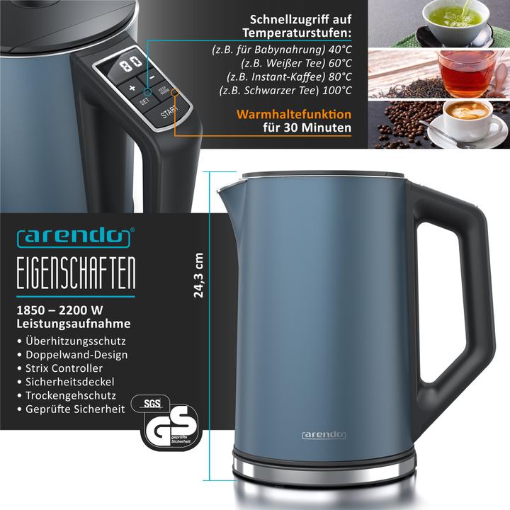 Produktbild Arendo Frühstücks Set Edelstahl Wasserkocher 1,5l Temperaturwahl & 4-Scheiben Langschlitz Toaster Blau Matt (1.50 l)