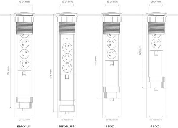 Produktbild Velleman 3-Fach-Steckdosenturm - Versenkbar - Stecker-Typ E (Französisches System) (3x, CEE 7/5, 1.40 m)