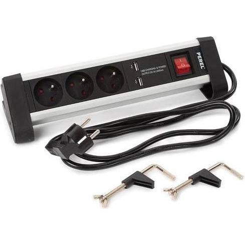 Thumbnail - Velleman, Steckdosenleiste, 3-FACH TISCH-STECKDOSENLEISTE MIT 2 USB-PORTS - 2.4 A - STECKER-TYP E (FRANZÖSISCHES SYSTEM)...