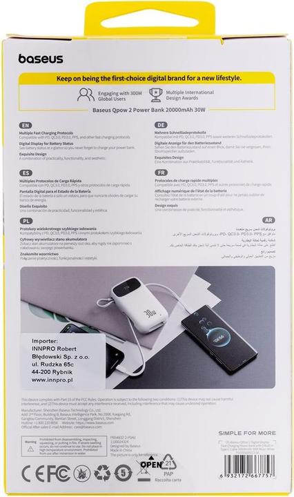 Immagine prodotto Baseus Powerbank QPow 2 20000mAh 30W 2xUSB-C (bianco) (20000 mAh, 30 W, 74 Wh)