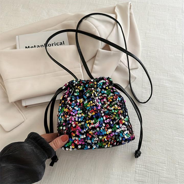 Actual product image Only-Bags.Store Colourful sparkle glitter sequins lightweight bucket bag, stylish street commuter style soft