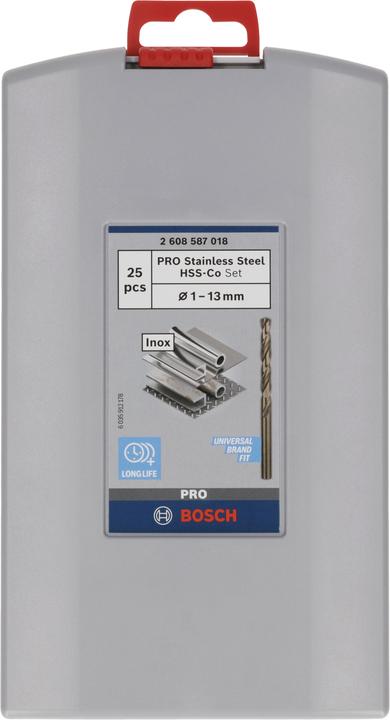 Produktbild Bosch Professional Zubehör PRO Stainless Steel HSS-Co Spiralbohrer-Set, 25-tlg. (6 mm, 12 mm, 1 mm, 6.5 mm, 5.5 mm, 10 mm, 10.5 mm, 12.5 mm, 1.5 mm, 7 mm, 11 mm, 3 mm, 5 mm, 8.5 mm, 11.5 mm, 8 mm, 2.5 mm, 9 mm, 3.5 mm, 4.5 mm, 2 mm, 7.5 mm, 13 mm, 9.5 mm, 4 mm)