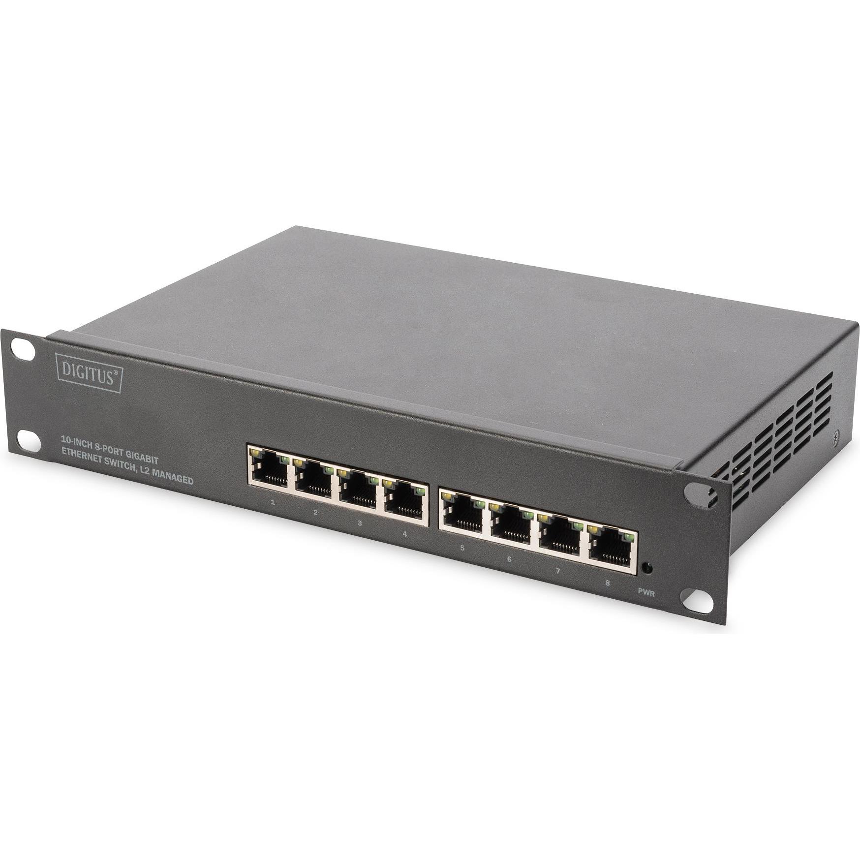 Digitus Switch Gigabit Ethernet PoE+ da 8 porte a 10 pollici, gestito L2+ (8 porte), Switch di rete, Nero