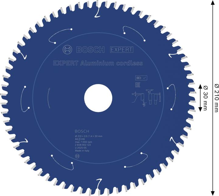 Actual product image Bosch Professional Zubehör Blau Zubehör 2608902123 EXPERT Kreissägeblatt Aluminium kabellos 210 x 2/1,4 x 30 mm T66