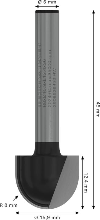 Produktbild Bosch Professional Zubehör Hohlkehlfräser, 6 mm, R1 8 mm, D 15,9 mm, L 12,3 mm, G 45 mm