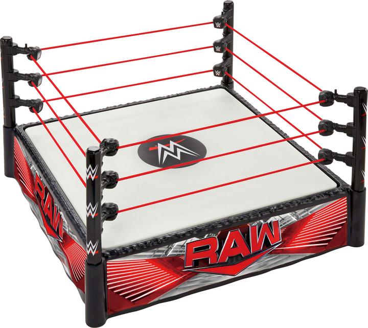 Produktbild Mattel WWE Superstar-Ring mit Etiketten für Hauptkampf und RAW, Matte mit Sprungfedern und Ring mit