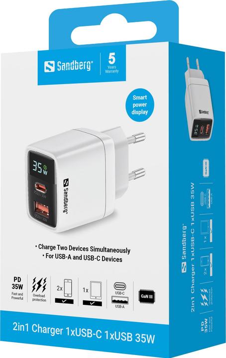 Image du produit Sandberg Chargeur 2en1 1xUSB-C 1xUSB 35W (35 W, 2 ports)
