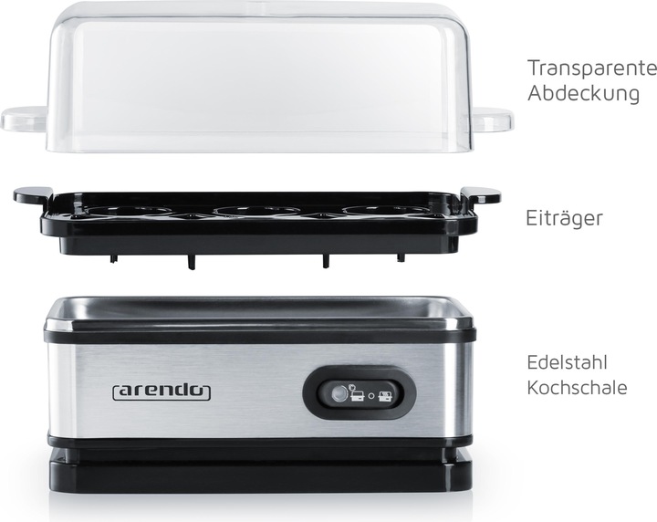 Produktbild Arendo Edelstahl Eierkocher 6-fach, 400 W, Edelstahl, Warmhaltefunktion, Härtegrad einstellbar, silber