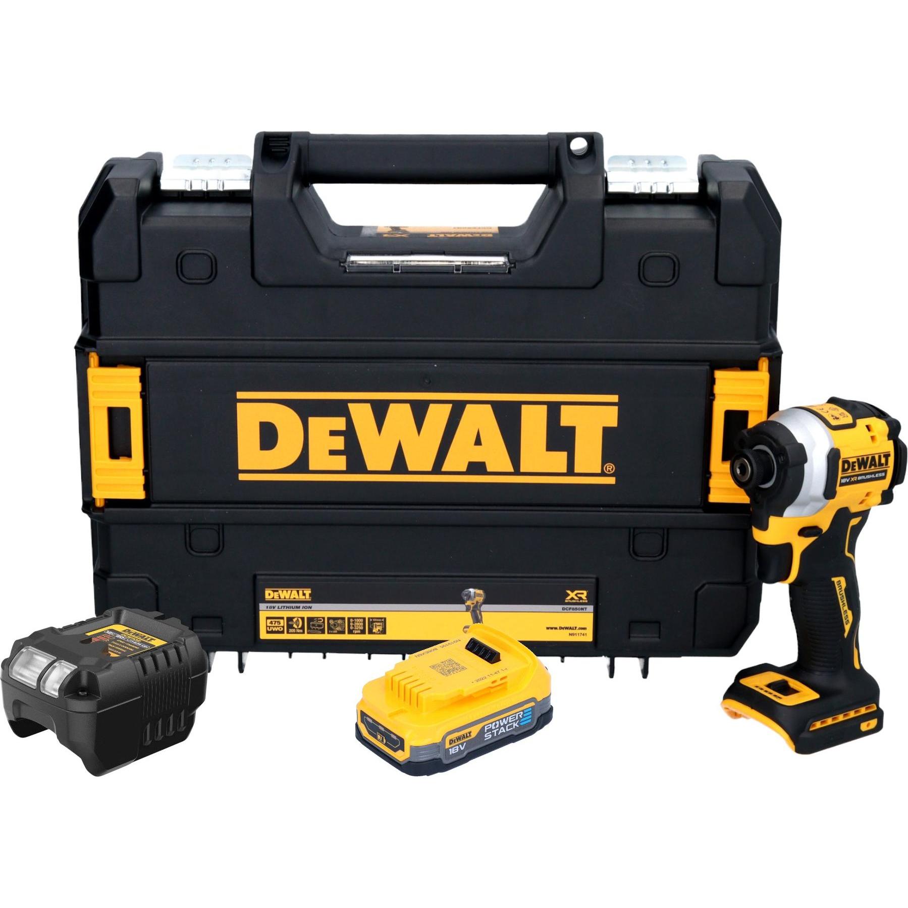 DeWalt, Bohrmaschine + Akkuschrauber, DCF 850 E1T Akku Schlagschrauber 18 V 205 Nm 1/4" Brushless + 1x Powerstack Akku 1...