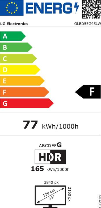 Etichetta energetica LG OLED evo 55" Serie G4 OLED55G45LW, 4K, 4 HDMI, Dolby Vision, SMART TV 2024 (55", G4, OLED, 4K, 2024)