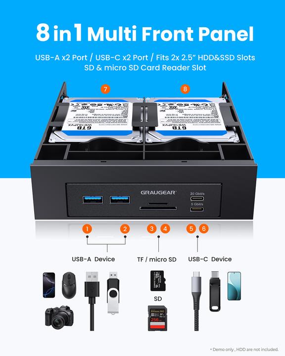 Produktbild Graugear USB-HUB+Kartenleser Frontpanel m. 2,5" SSD Rahmen