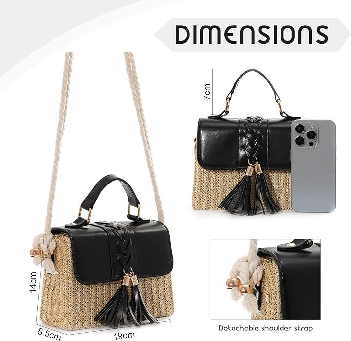 Immagine prodotto Only-Bags.Store Borse di paglia intrecciata con decorazioni di nappe, mini borsa da spiaggia con cinturino, manico