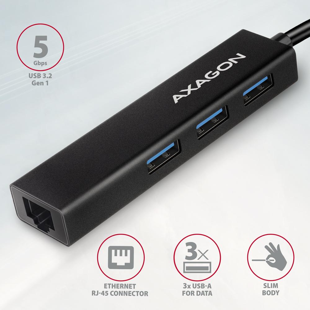 Thumbnail - Axagon HMC-GL3A USB-C-Hub, 3x USB-A, Gbit-LAN (USB-C, 4 Ports), Dockingstation + USB Hub, Schwarz