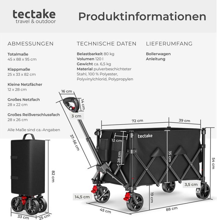 Produktbild tectake Bollerwagen RollRider faltbar, Teleskopgriff, Profilräder