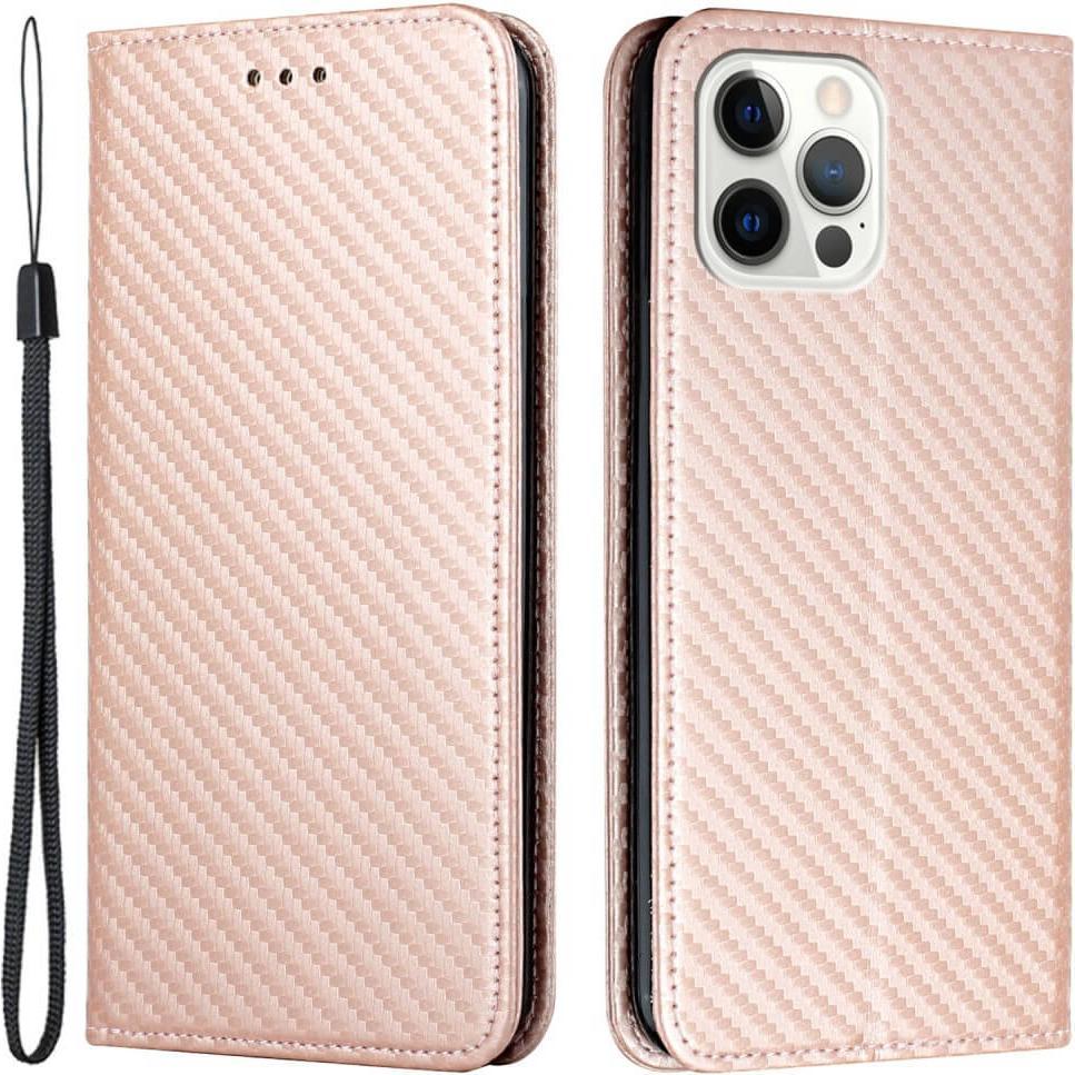 Cover-Discount iPhone 15 Pro - Carbon Look Flip Case Hülle rosa (Apple iPhone 15 Pro), Smartphone Hülle, Rosa
