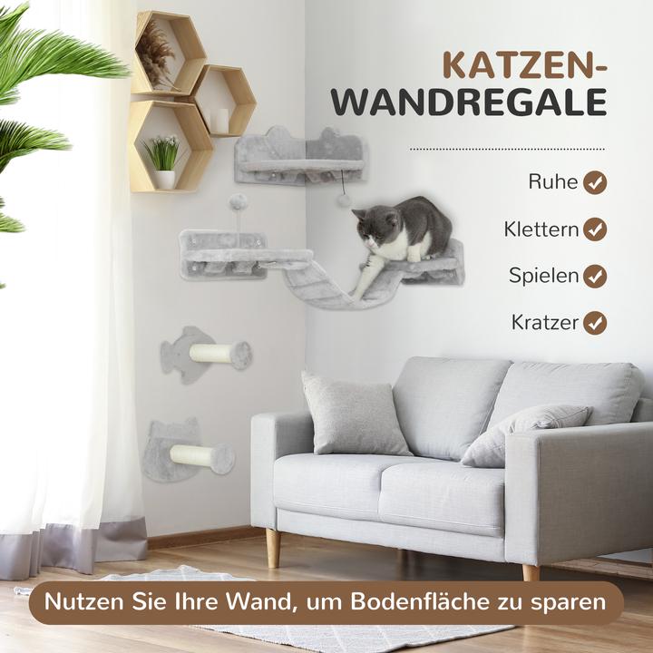 Produktbild PawHut Katzen Kletterwand Set Spanplatte, Plüsch Hellgrau (Hellgrau)