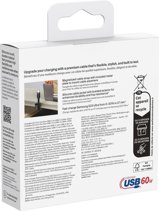 Productafbeelding Belkin USB-C naar USB-C Gevlochten Silicone 1m Tweeling (1 m, USB 2.0, 60 W)