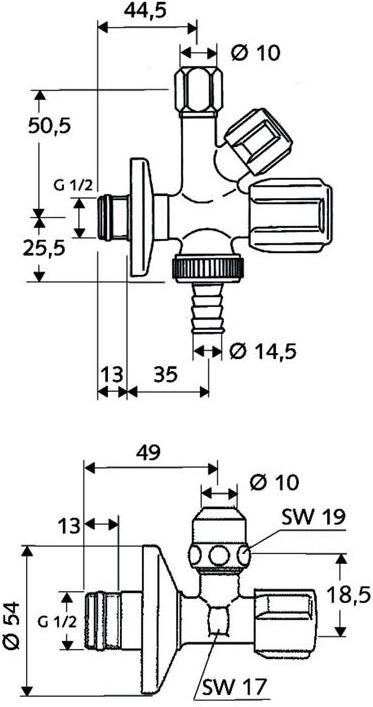 Produktbild Schell Comfort Armaturen Set Kombi-Eckventil und Eckventil 1/2 Zoll mit Rohrbelüfter - Chrom (10 868 06 99)