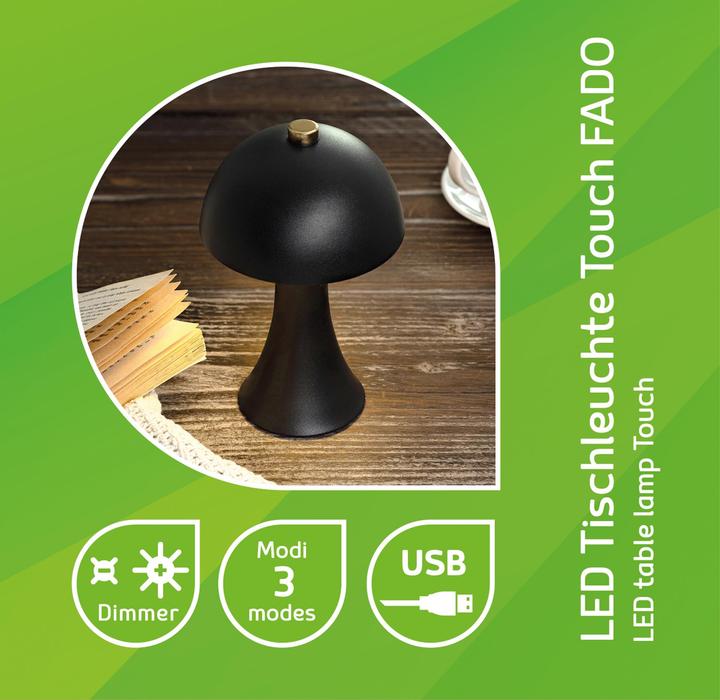 Actual product image Idena LED Tischleuchte Touch Fado Metall schwarz 10x16,5cm Akku USB C dimmbar 3 Modi Innen