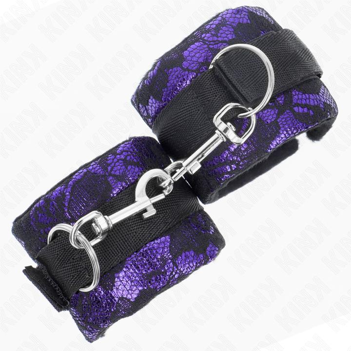 Actual product image Kink Short Wrist Cuffs Made Of Velvet Lace And Nylon Binding Purple/Black 23 X 6.5 cm