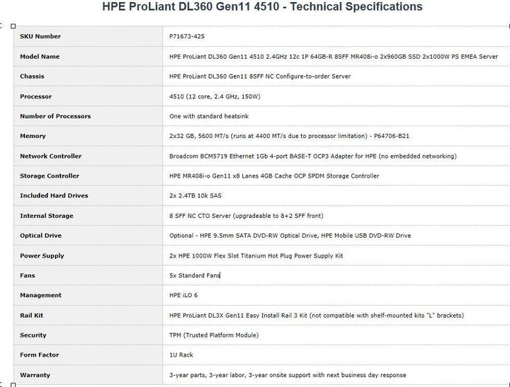 Valori nutrizionali e ingredienti HPE DL360 G11 4510 64G 8SFF E-STOCK (Intel Xeon Silver 4510, 64 GB, Server Rack)