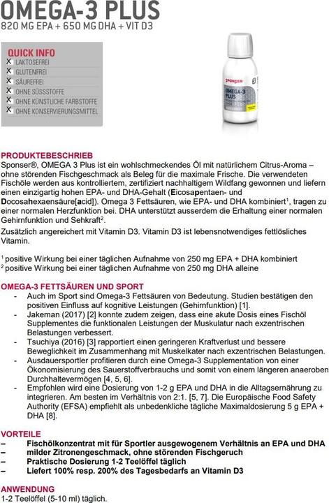 Nährwerte und Zutaten Sponser Omega-3 Plus (1 Stück, Flüssigkeit, 167 g)
