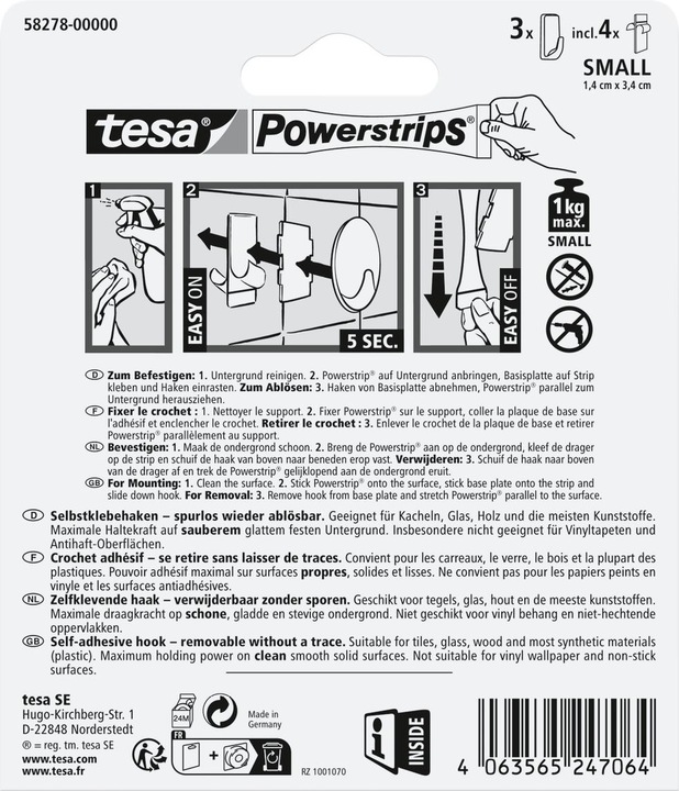 Produktbild tesa Powerstrips Klebehaken SMALL Eckig - 3 x selbstklebende Wandhaken