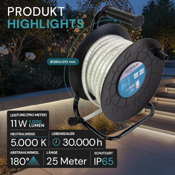 Produktbild Luxula LED Lichtschlauch, Neutralweiss, 25 m (Neutralweiss, 2500 cm, Outdoor)