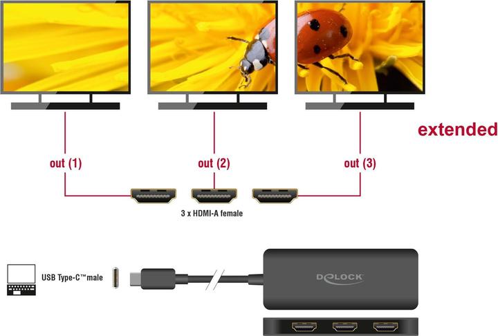 Image du produit Delock Splitter USB Type-C (DP Alt Mode) vers 3 x HDMI MST 4K