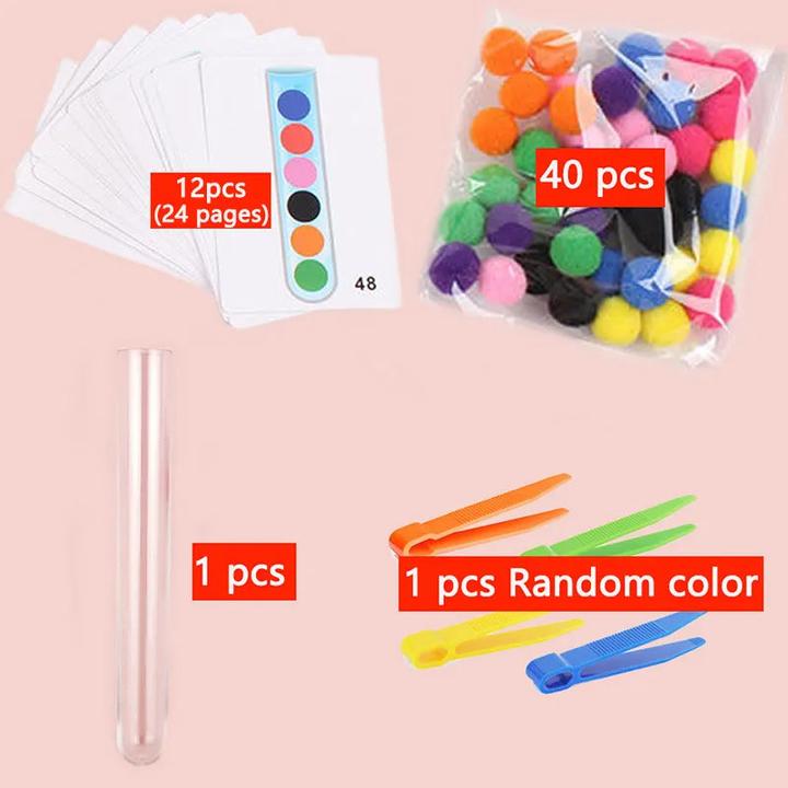 Activity Board 54pcs motricité fine Set de tri Enfants Jouets éducatifs Éprouvette Pompons Pince à épiler Couleur