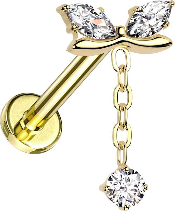 Image du produit Hollywood Body Jewelry Micro Labret femelle plaqué or barre incurvée deux cristaux ovales argent pendentif chaîne (sans laiton, Titane)