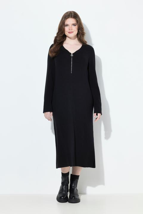 Produktbild Ulla Popken Rippjersey-Midikleid, Zipper, A-Linie, V-Ausschnitt, Langarm (50, 52)
