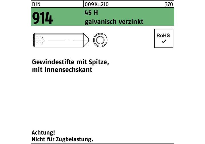Produktbild Gewindestift DIN 914 m.Spitze/Innensechskant M 10 x 45 45 H galvanisch verzinkt (100 Schrauben pro Stück)