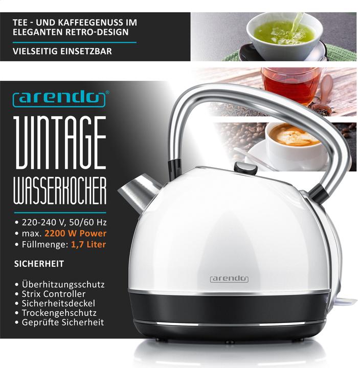 Immagine prodotto Arendo Bollitore da 1,7 l, 2200 W, acciaio inox, stile retrò, vintage, protezione contro il (1.70 l)