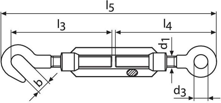Actual product image Kleinsorge Turnbuckle DIN 1480 M20 length 367-497 mm with hook and eye zinc galvanised