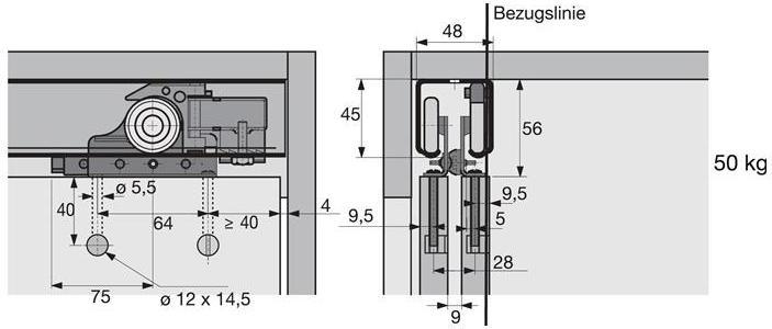 Image du produit Hettich Ferrure de porte coulissante Top Line 1 3 Set complet 75 kg DIN gauche / droite