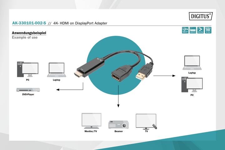 Actual product image Digitus HDMI - DisplayPort/USB A (0.20 m, HDMI, DisplayPort)