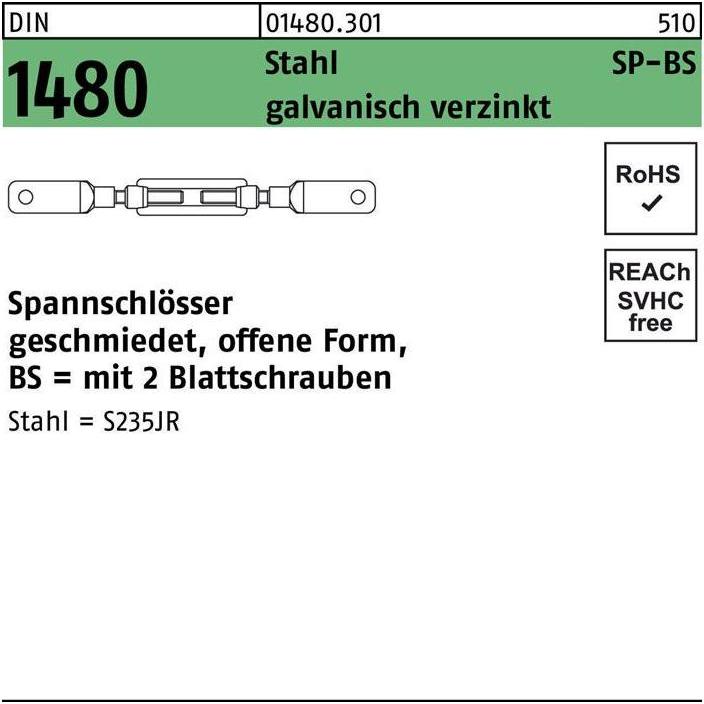Thumbnail - Seil + Kette Zubehör, Spannschloss DIN 1480 offen m.2Blattschrauben SP BS M 12 Stahl 3.6 galvanisch verzinkt galvanisch....