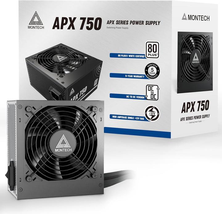 Produktbild Montech Nicht-modulare 80 Plus Weiss zertifizierte PC-Netzteil mit DC-zu-DC-Technologie und 120mm-Lüfter (750 W)
