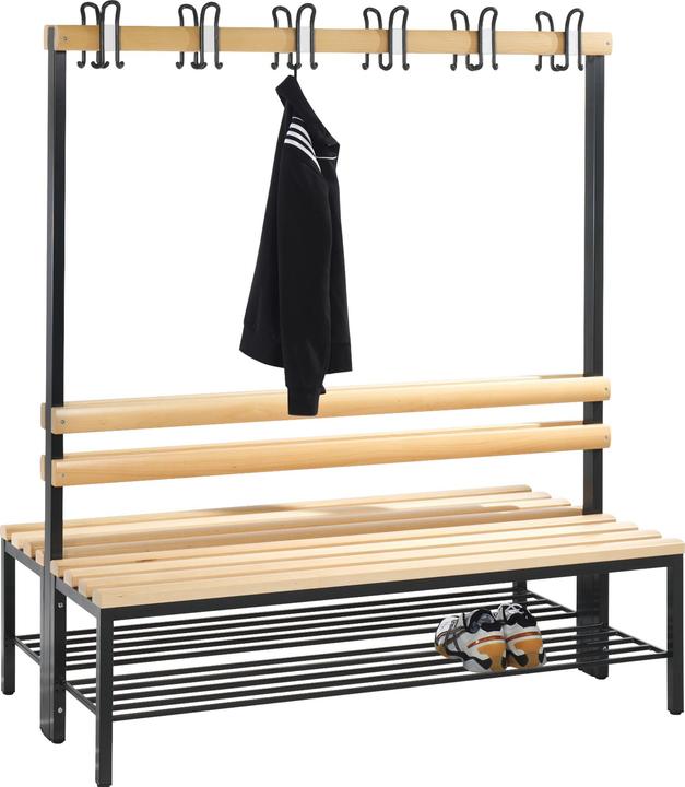 Actual product image C+P BASIC cloakroom bench, double sided, hook rail, shoe rack, beech, length 1500 (150 cm, 165 cm)