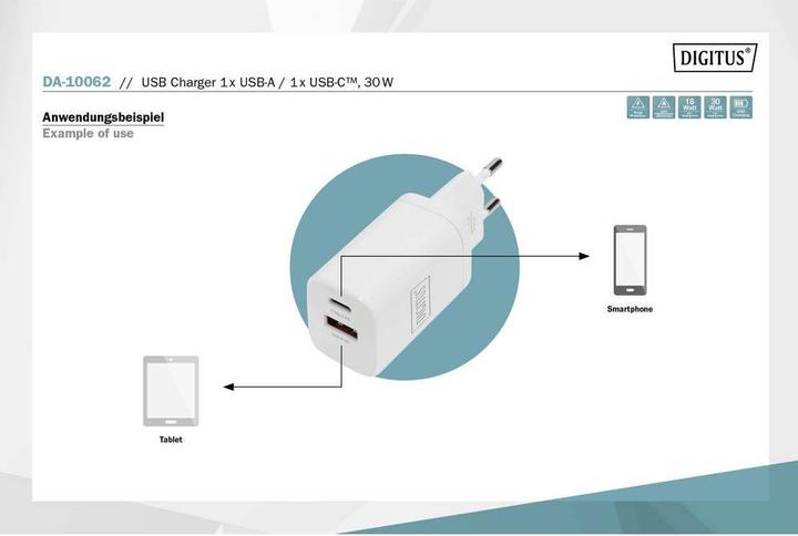 Image du produit Digitus Chargeur USB, 1 x USB A / 1 x USB-C, 30W (30 W)