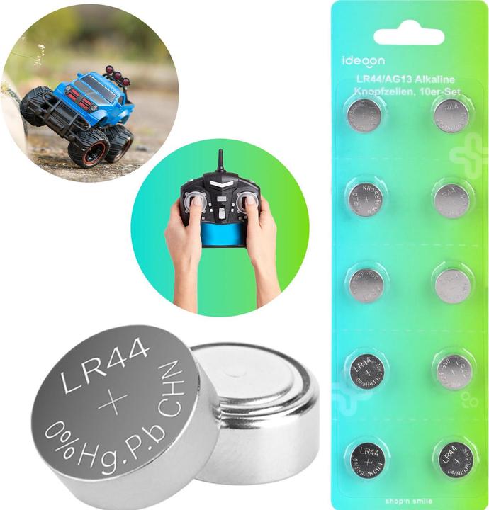 Ideoon 10er-Spar-Set LR44 AG13 Alkaline Knopfzellen 1,5V Batterien, 145 mAh hohe Kapazität (10 Stk., A76 / LR44 / AG13 / L1154 / LR1154 / 157, 145 mAh)