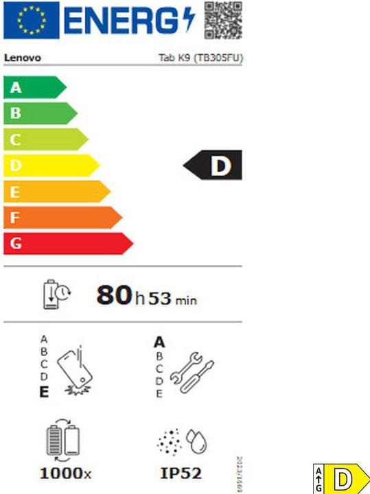 Energy Label Lenovo Tab K9 (WLAN only, 8.70", 64 GB, Grey, Luna Grey)